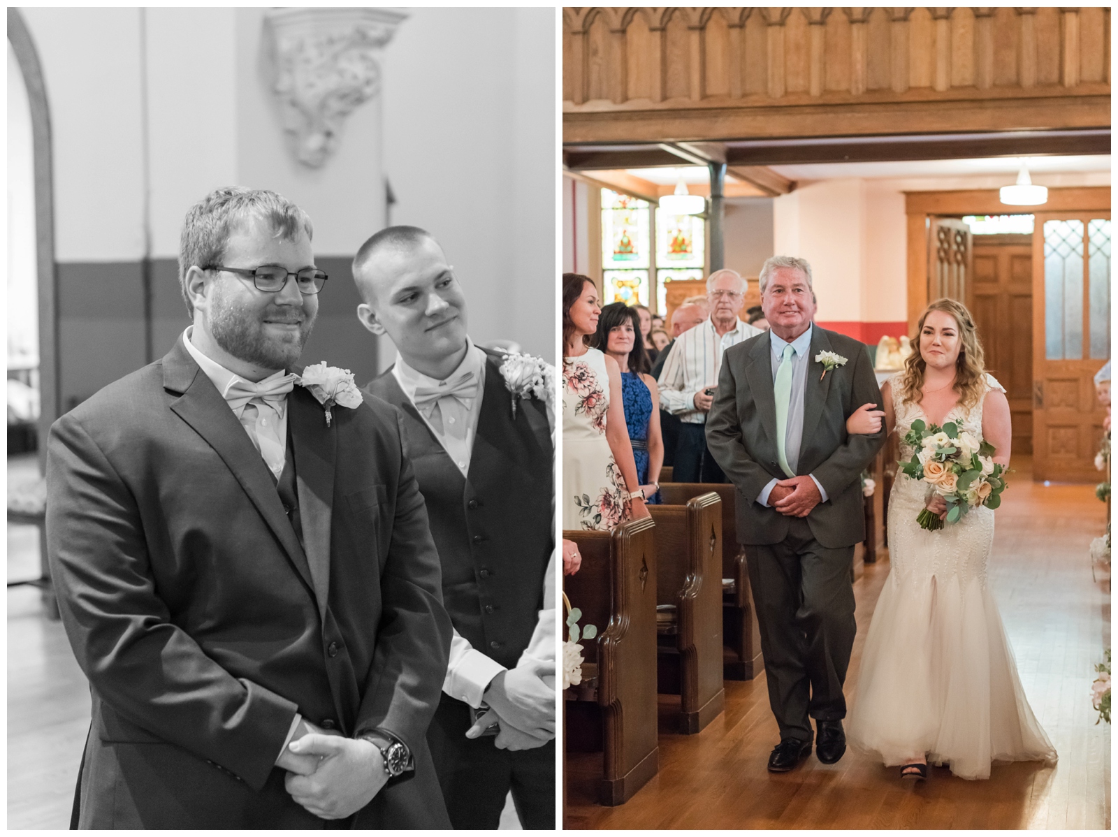 groom and bride see each other for the first time on wedding day while bride walks down the aisle