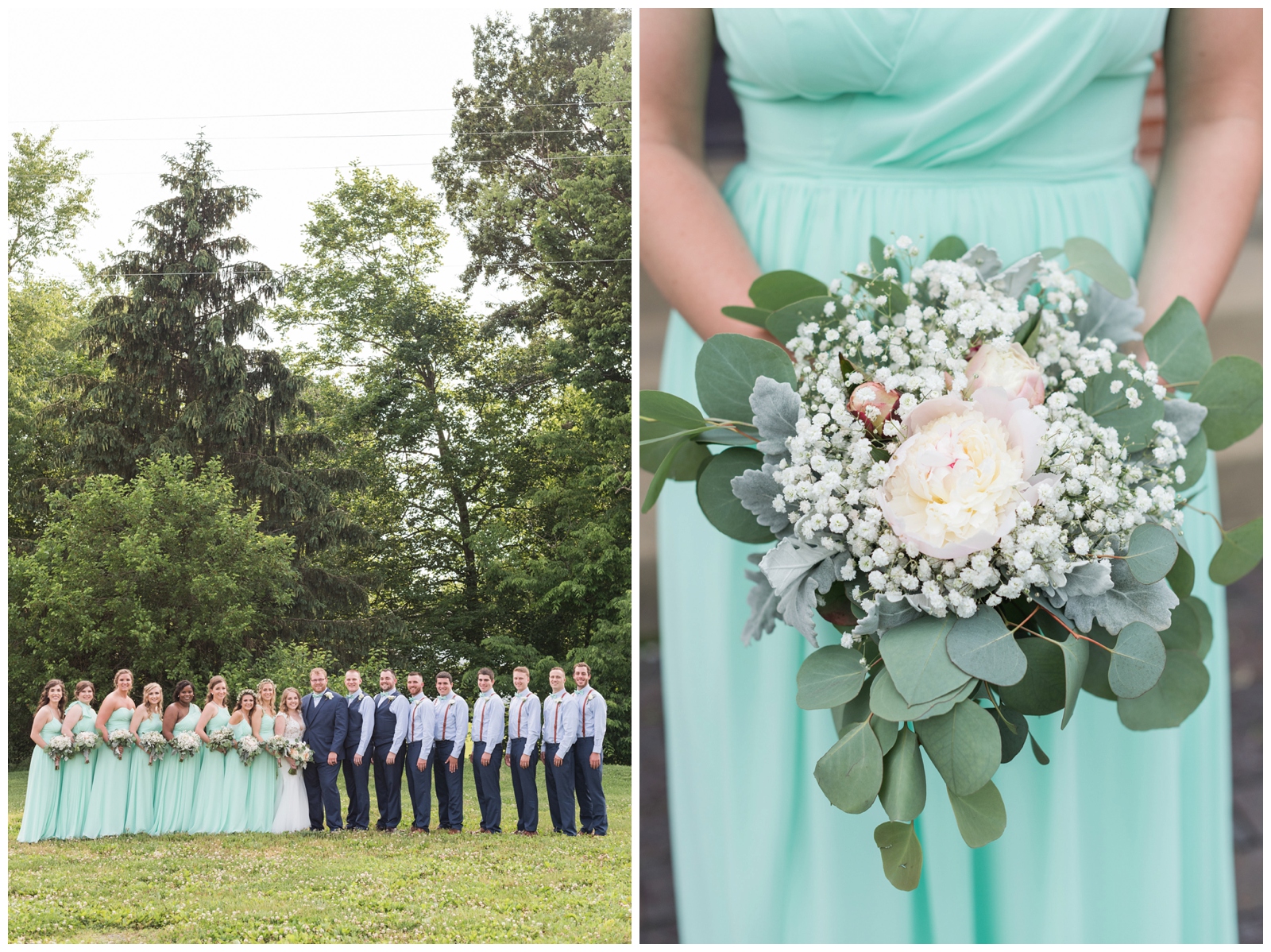 bridesmaids in mint gowns hold wedding bouquets with white flowers and baby's breath