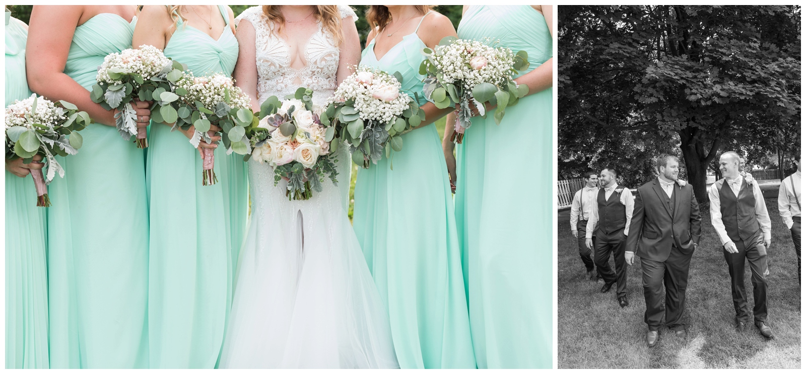 bridesmaids hold green and white wedding bouquets in mint gowns while groomsmen walk at EagleSticks Golf Club