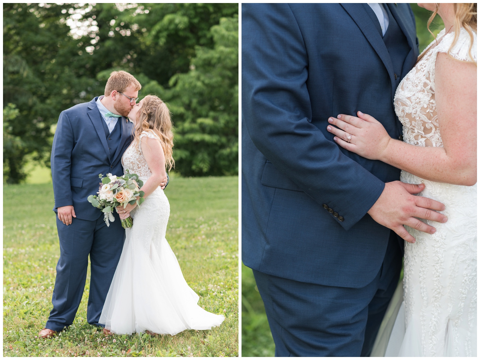 bride in lace wedding gown holds groom in blue suit during wedding portraits at EagleSticks Golf Club