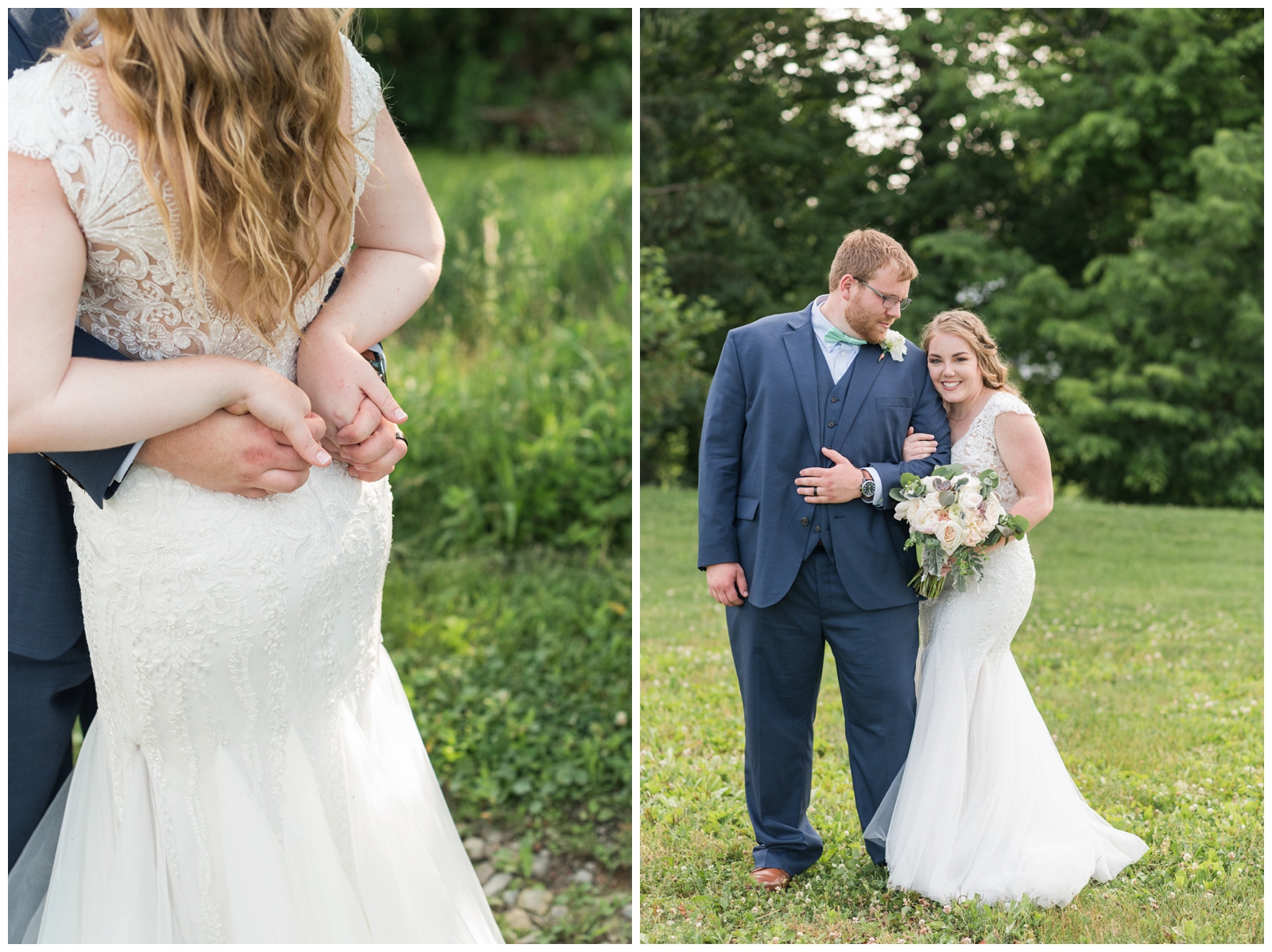 bride and groom hold hands behind bride's back during Ohio wedding portraits at EagleSticks Golf Club