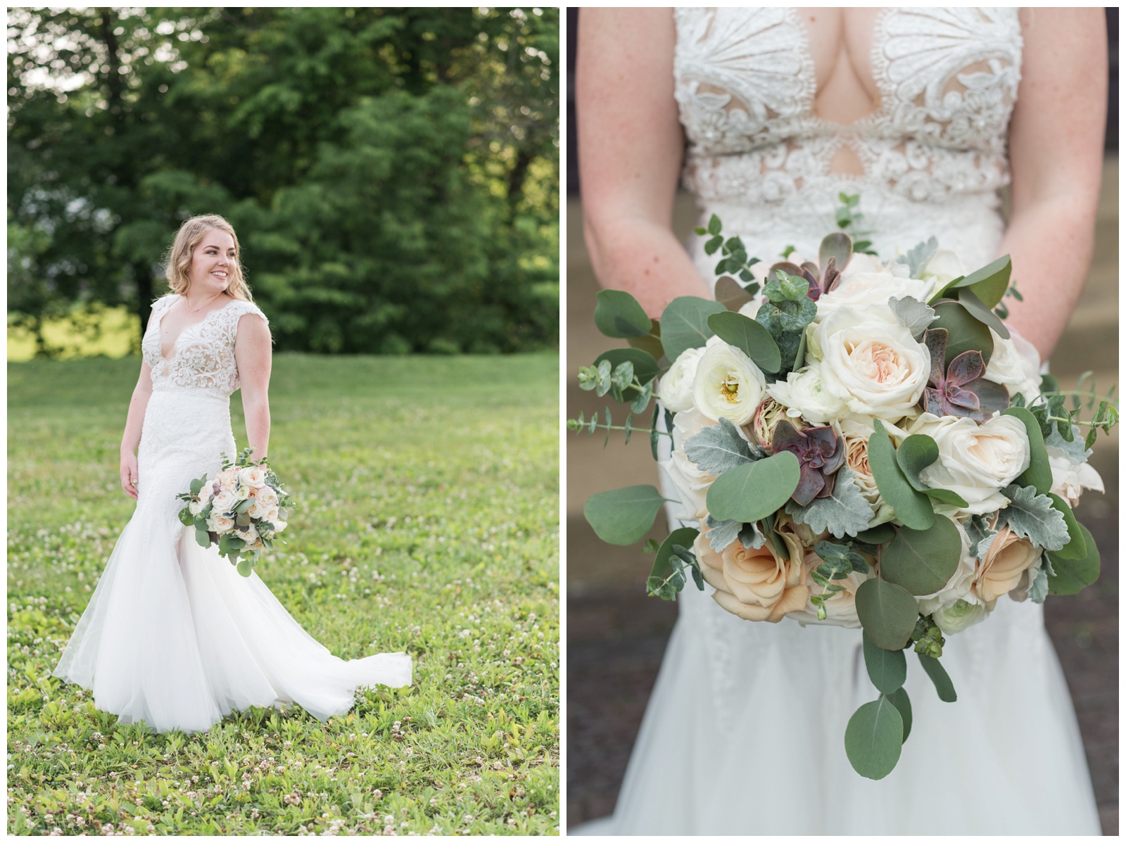 bridal portraits of bride in lace gown with bouquet filled with white roses, eucalyptus leaves and succulents