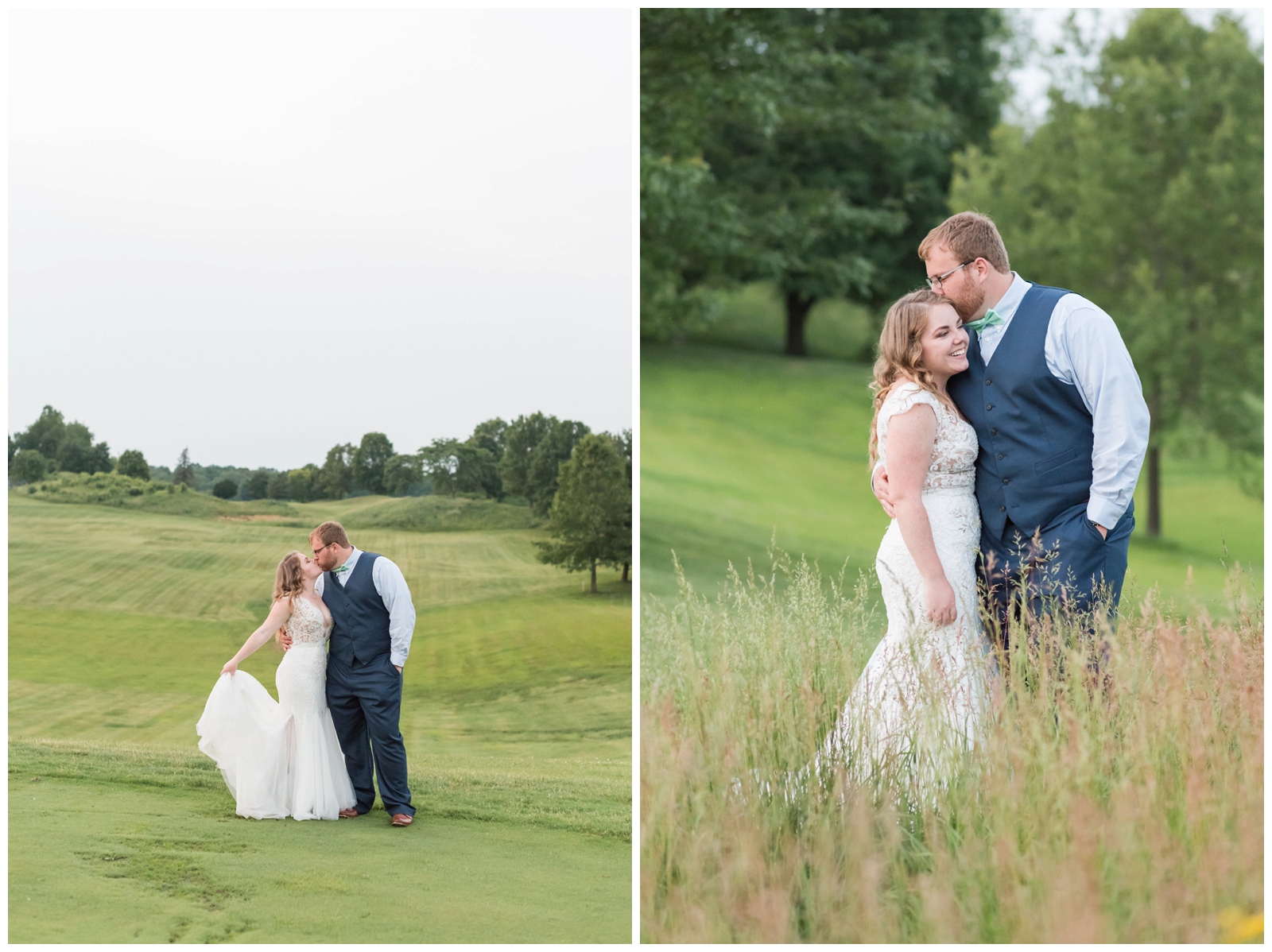 bride and groom pose for OH wedding photographer in fields at EagleSticks Golf Club