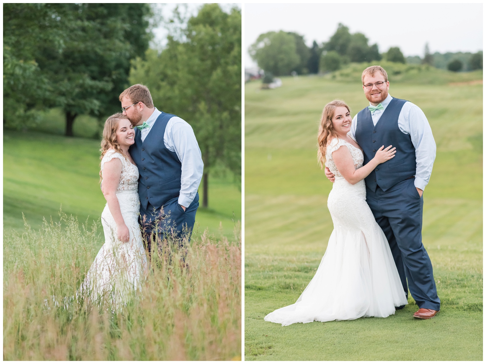 newly married couple poses on green of EagleSticks Golf Club
