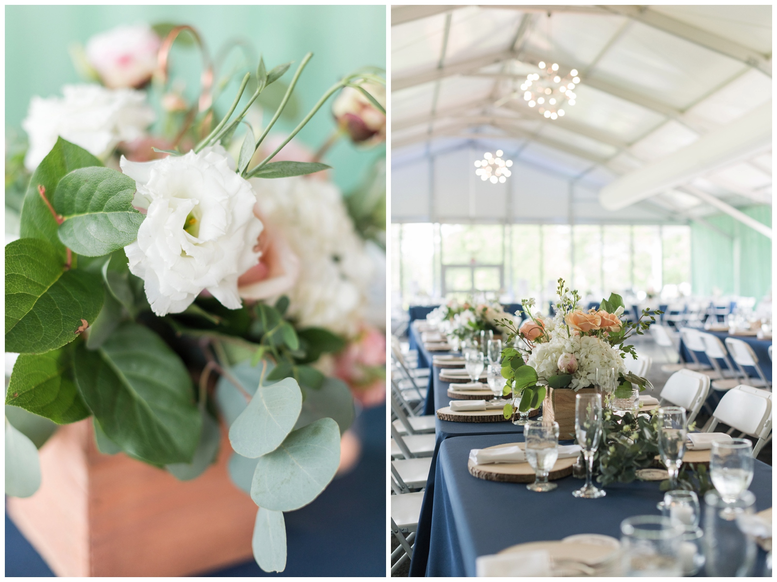 tented wedding reception with white floral centerpieces and navy table cloths at EagleSticks Golf Club