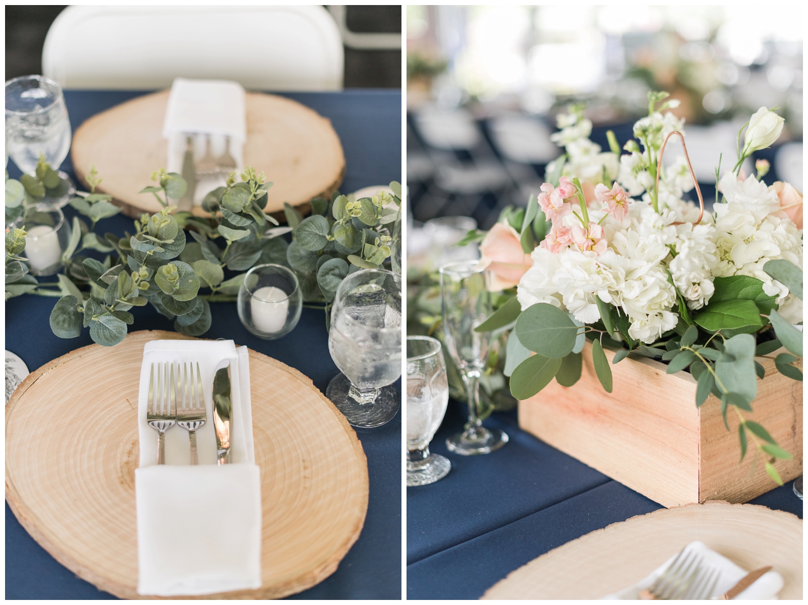 rustic wedding place settings with wood chargers and gold forks