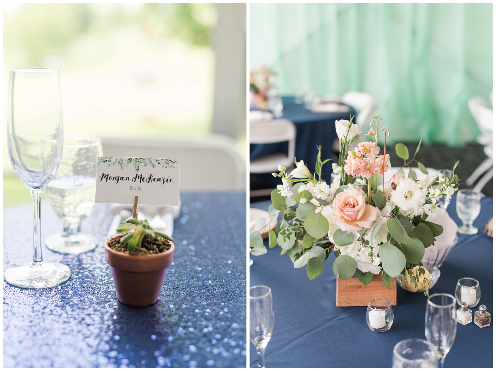 succulent seating cards for wedding reception at EagleSticks Golf Club and pink floral centerpieces 