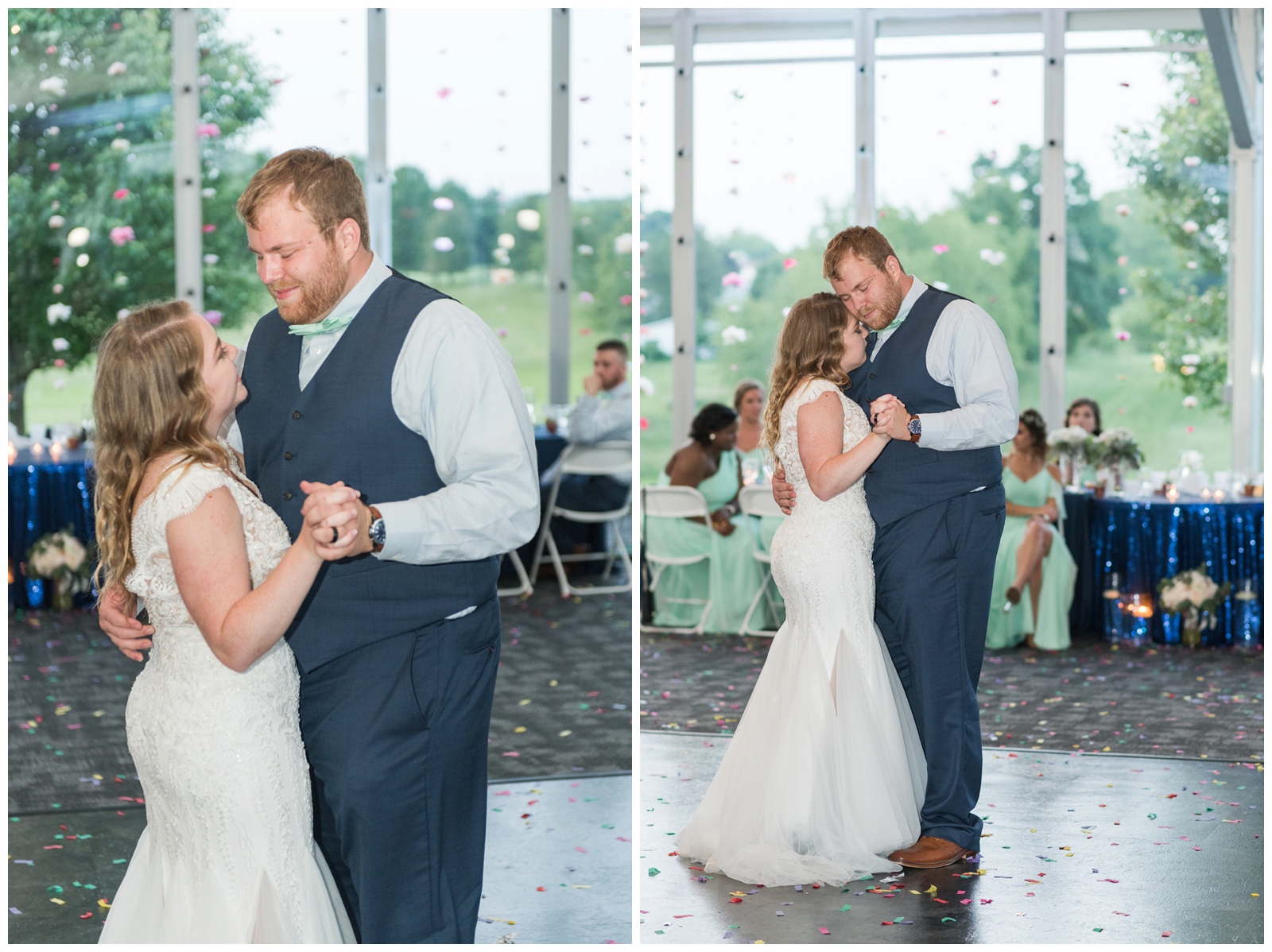 bride and groom's first dance at EagleSticks Golf Club with confetti on floor