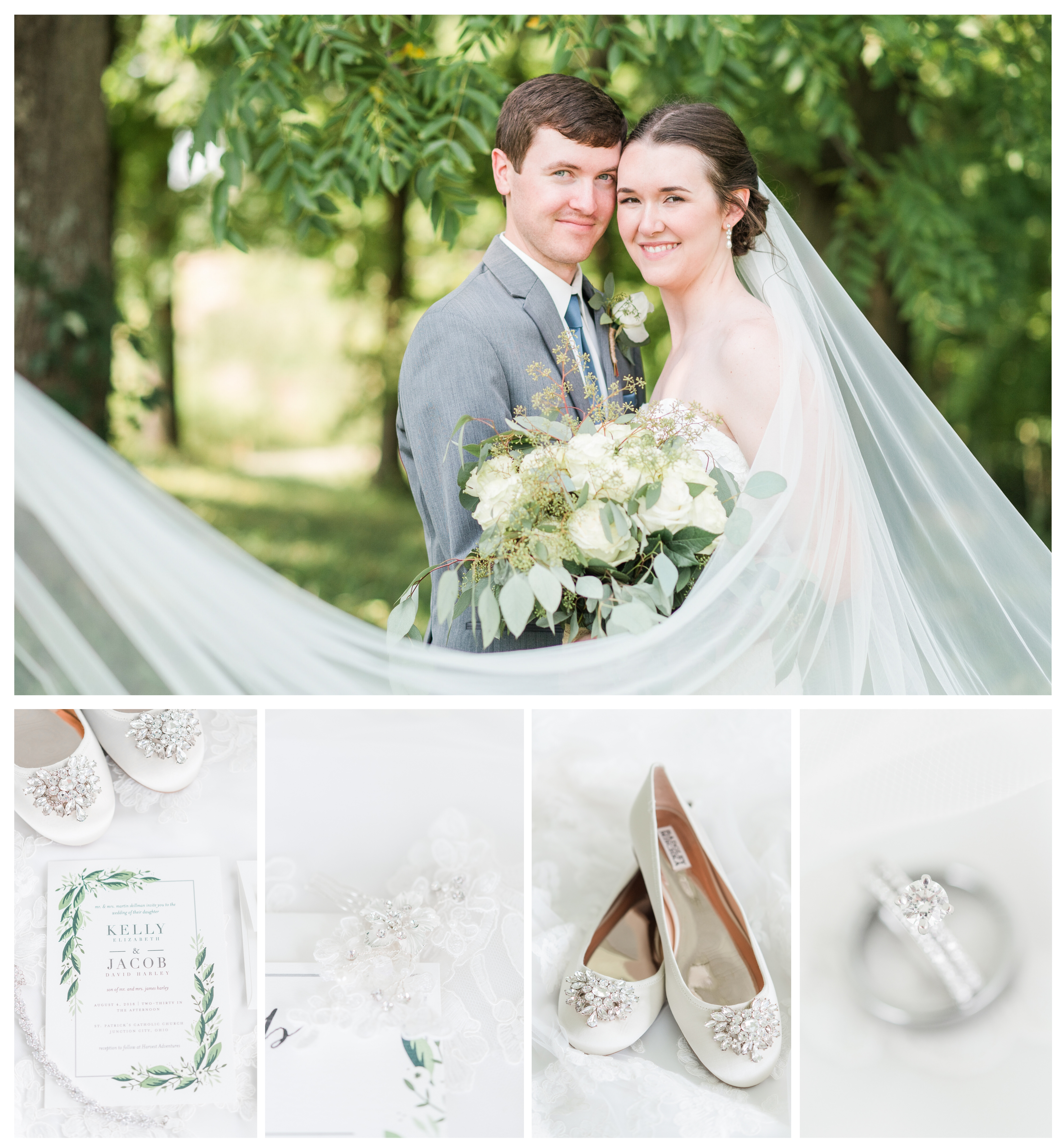 Bremen Ohio Wedding photos. Bride and groom smiling at camera with veil. wedding shoes and wedding rings