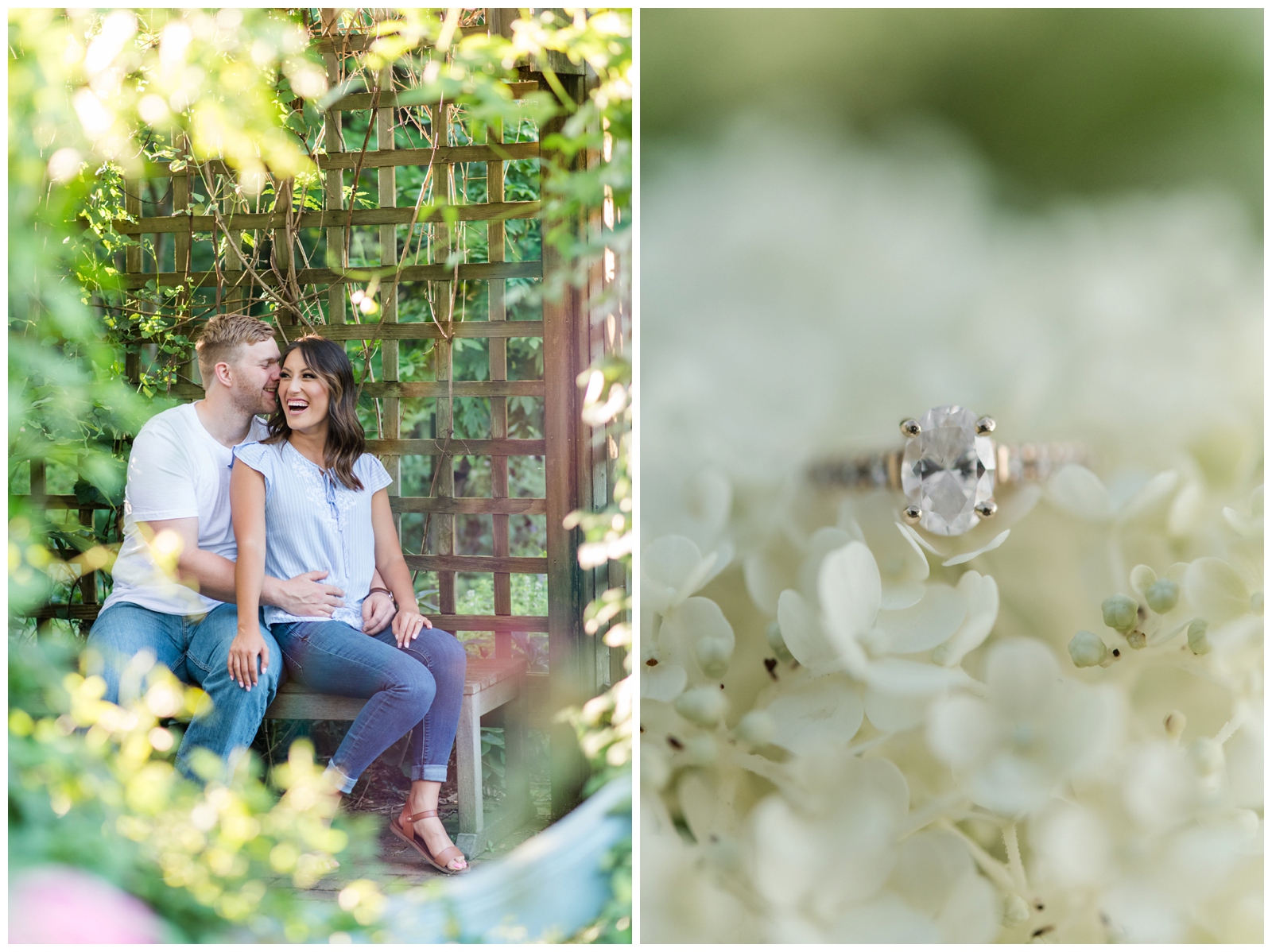 two images the left image is an engaged couple happily looking away from the camera and enjoying each others company sitting on a bench. the right image is a picture of a oval diamond engagement ring sitting on a white hydrangea flower 