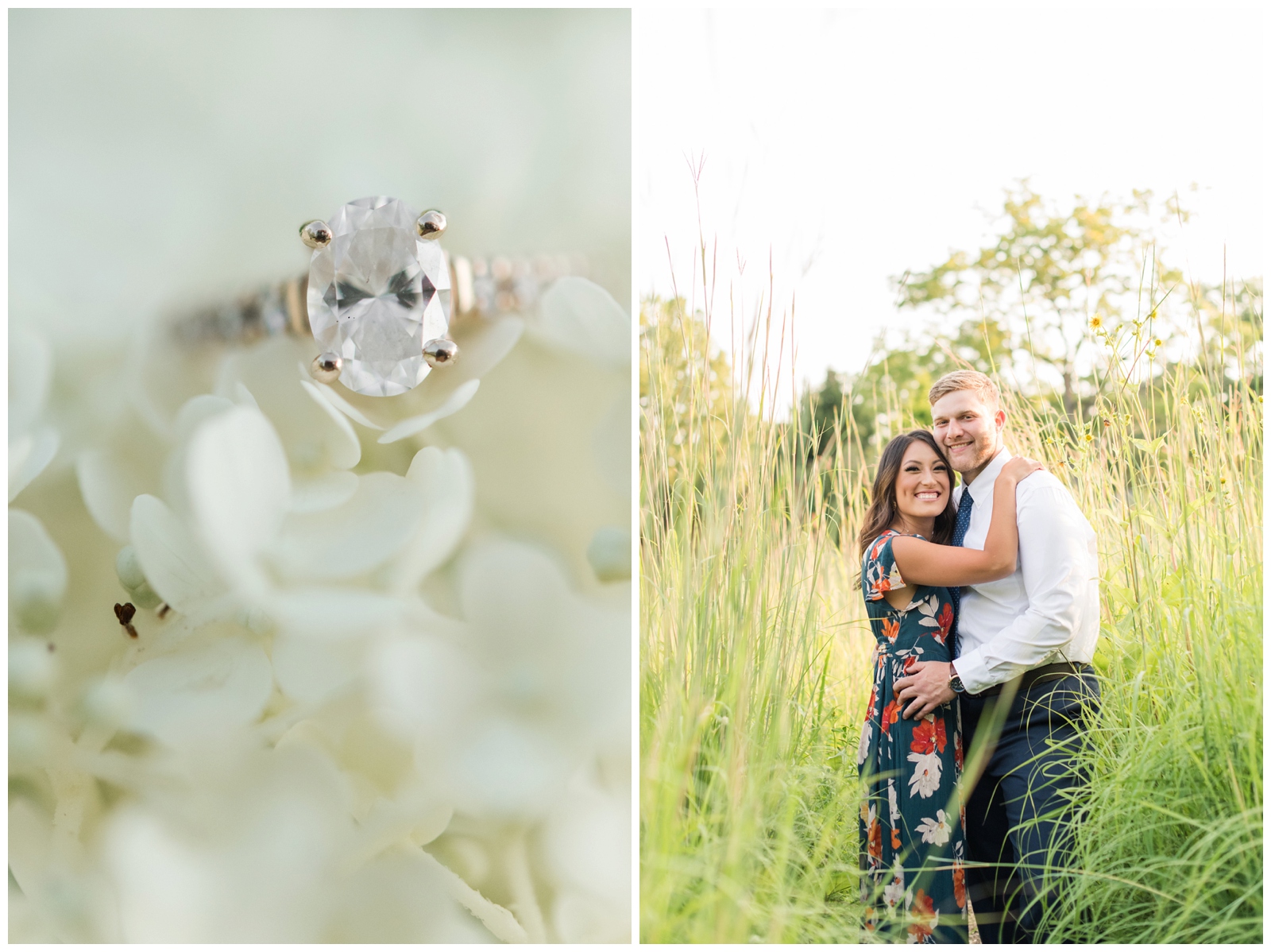 oval diamond engagement ring sitting on white hydrangea flower petals. engaged couple smiling at the camera 