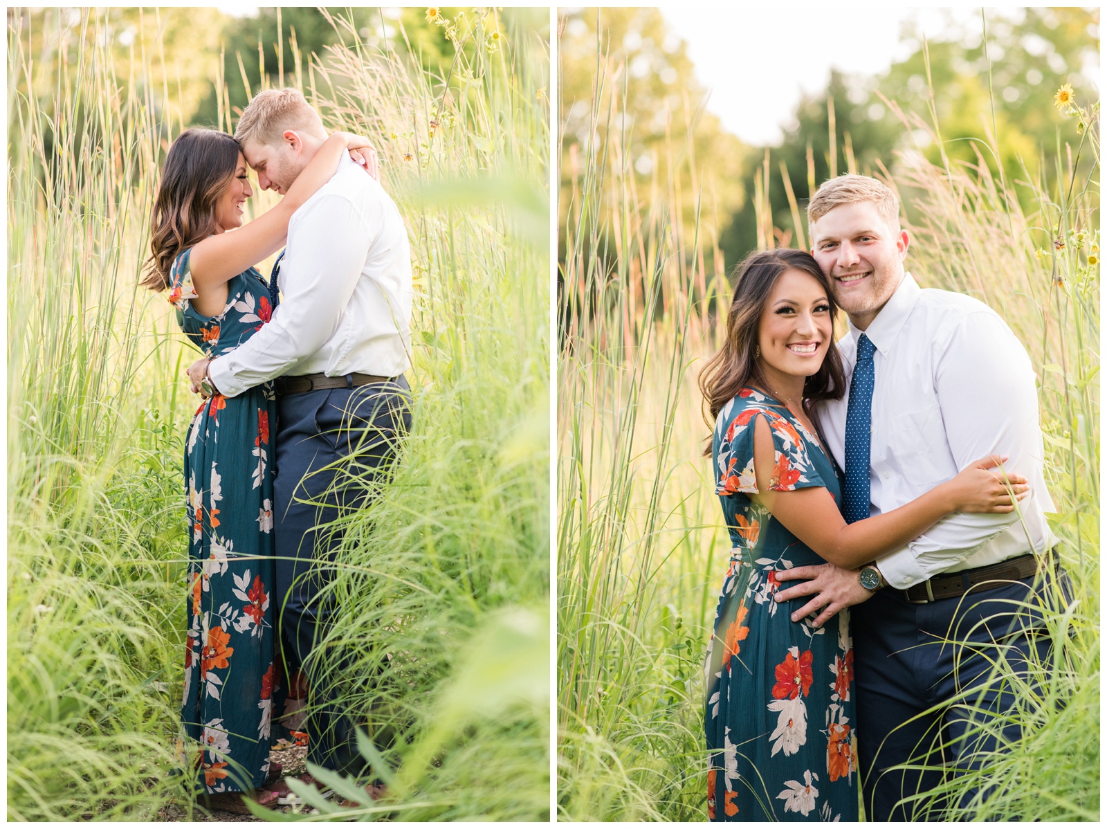 engaged couple at Inniswood metro gardens Engagement Session looking at each other in a field of tall grass in their formal wear 