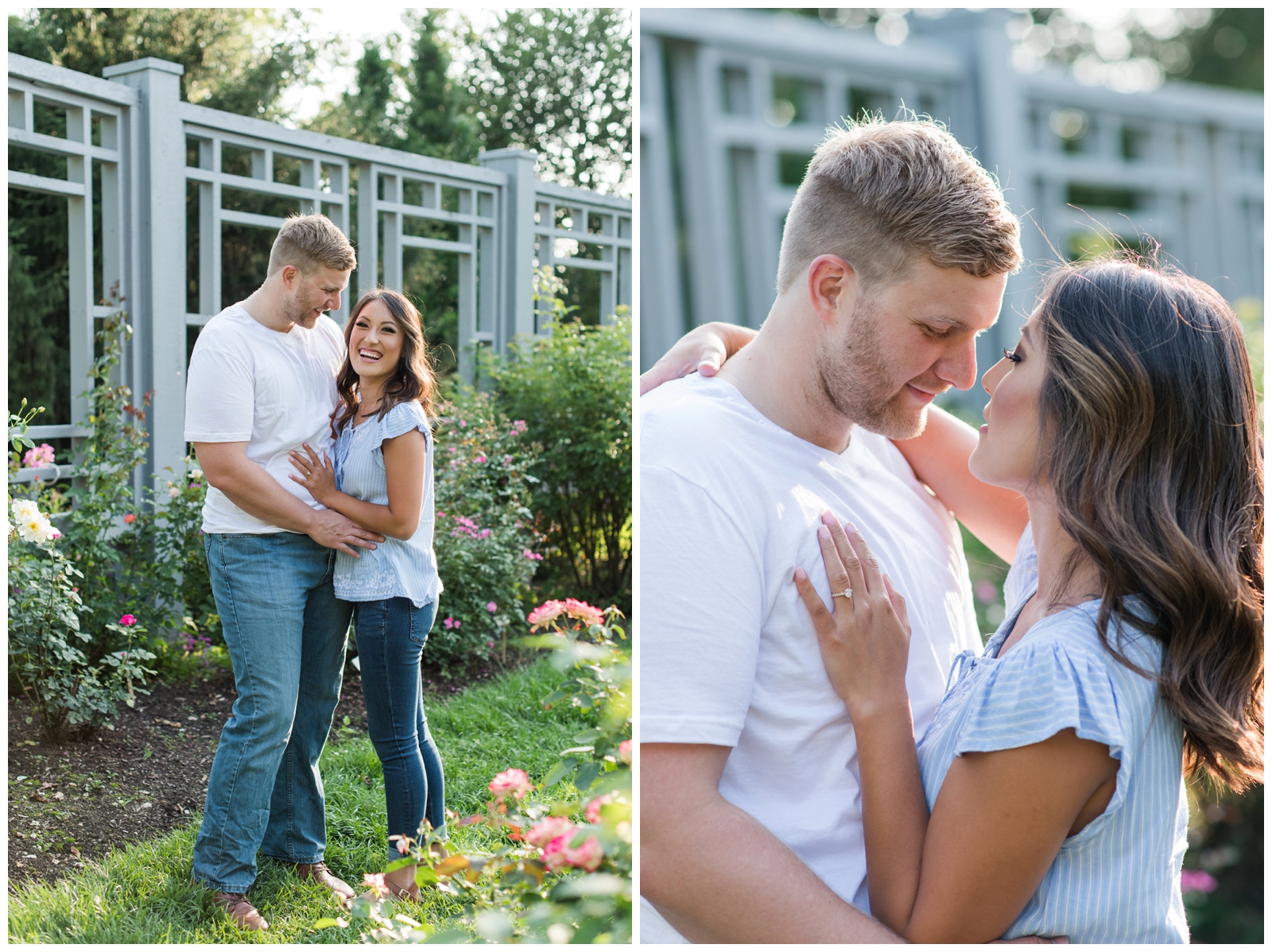 two images of an engaged couple looking at the camera and looking at each other during their engagement session in a rose garden 