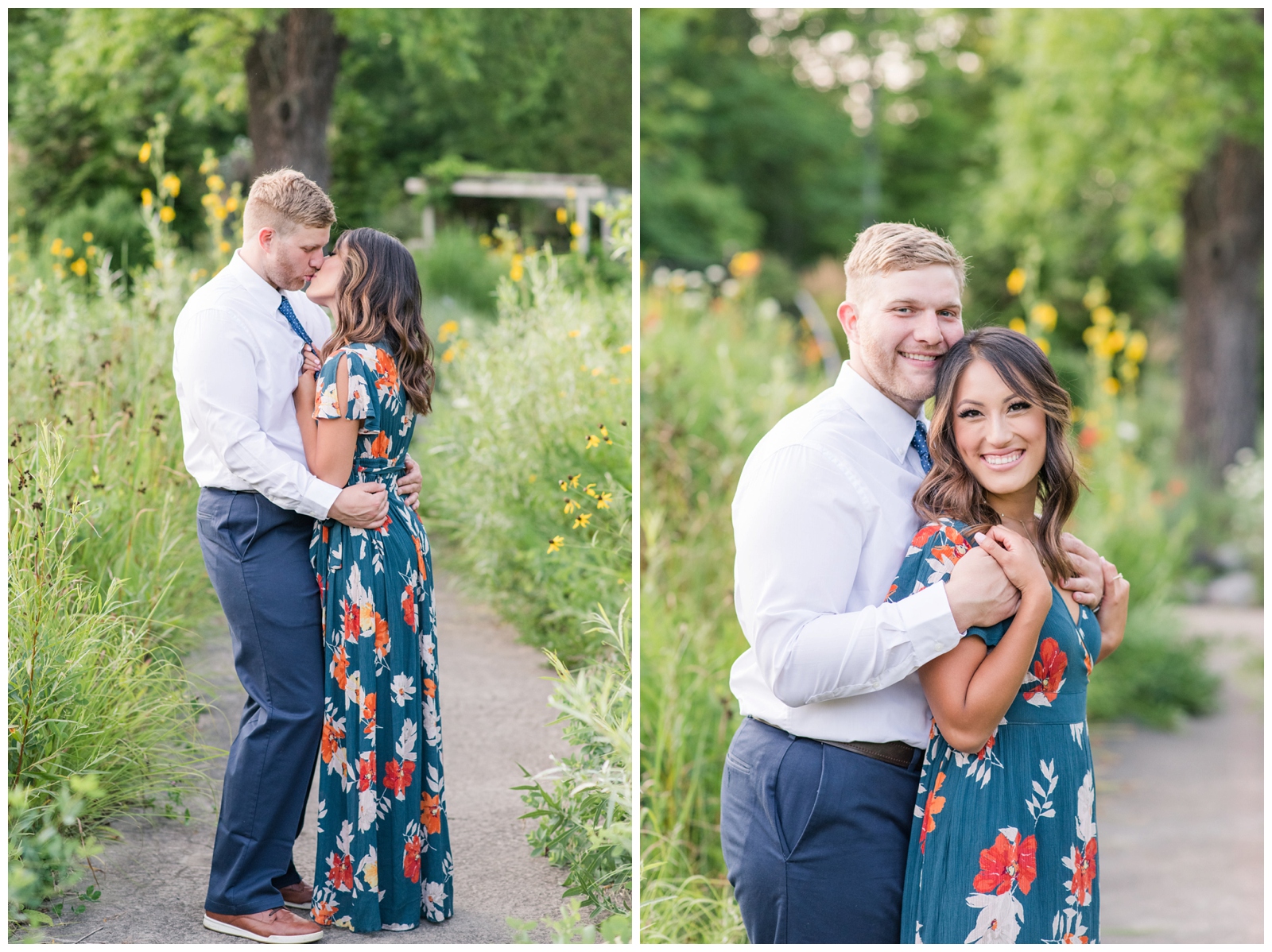 engaged couple kissing and smiling at the camera Inniswood metro gardens Engagement Session
