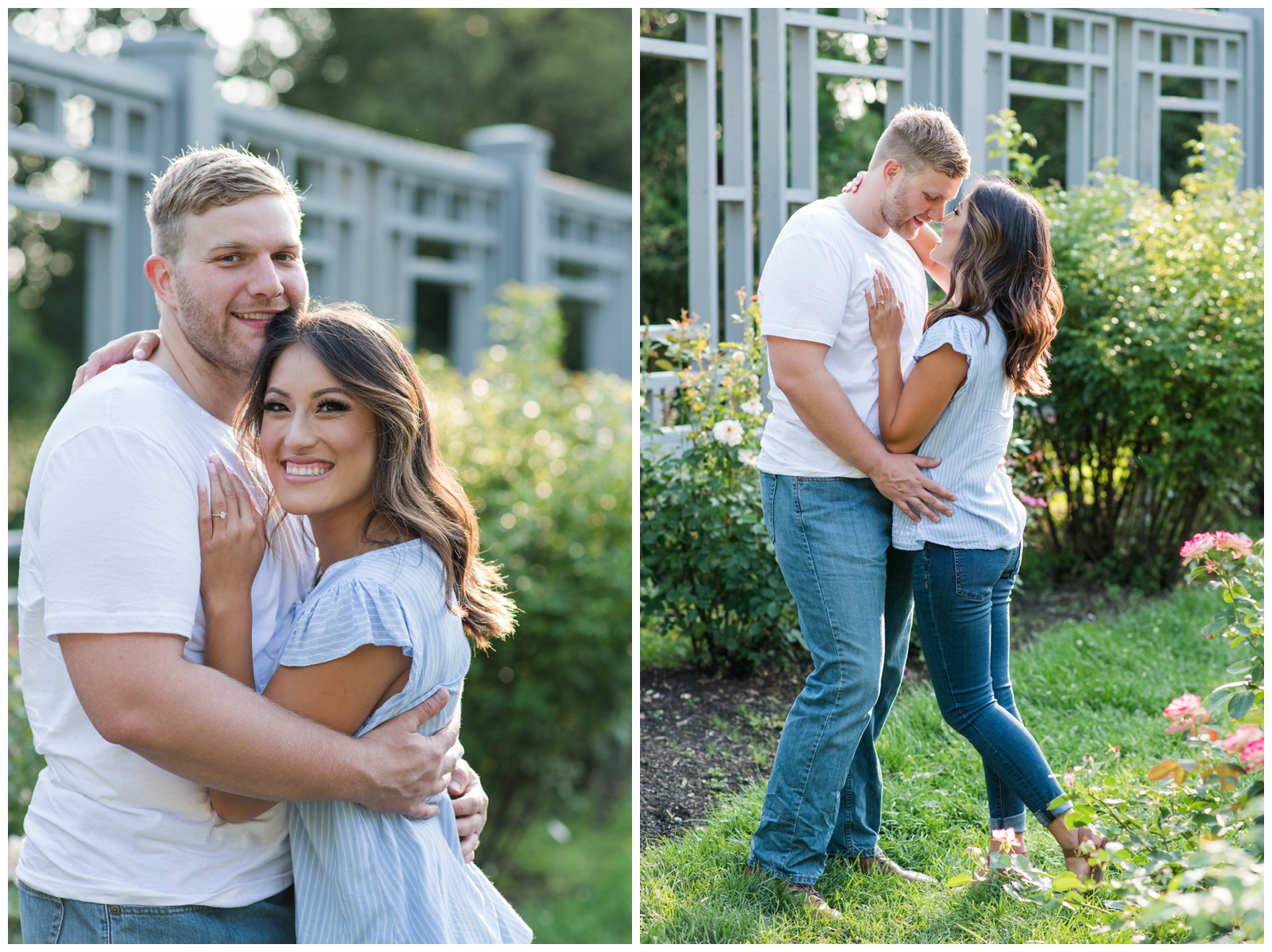 engaged couple almost kissing and a couple looking at the camera smiling during their engagement session at a rose garden in summer in westerville ohio 