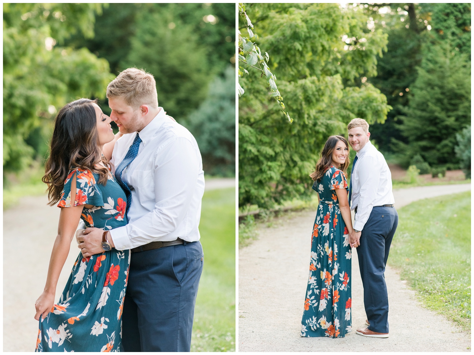 engaged couple tenderly holding each other during their engagement session and looking at each other and the camera 