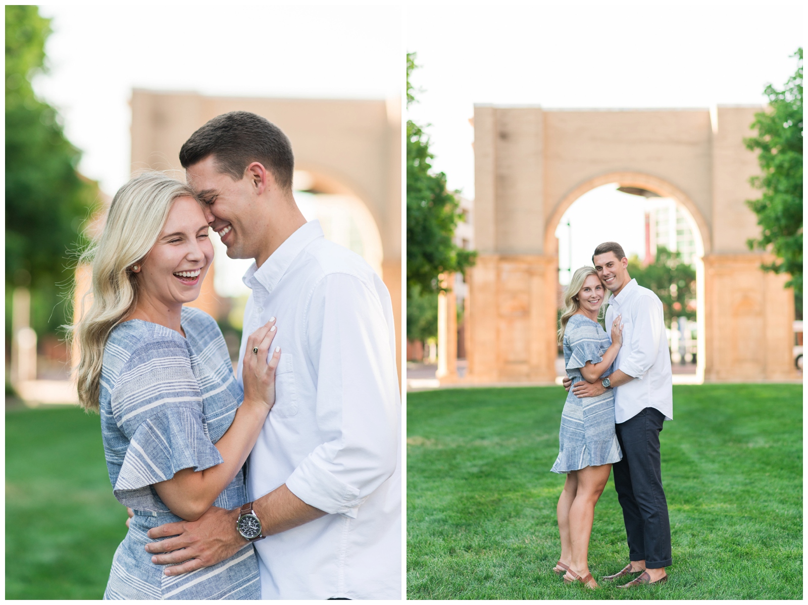 couple laughs in front of Union Station during engagement session with Pipers Photography