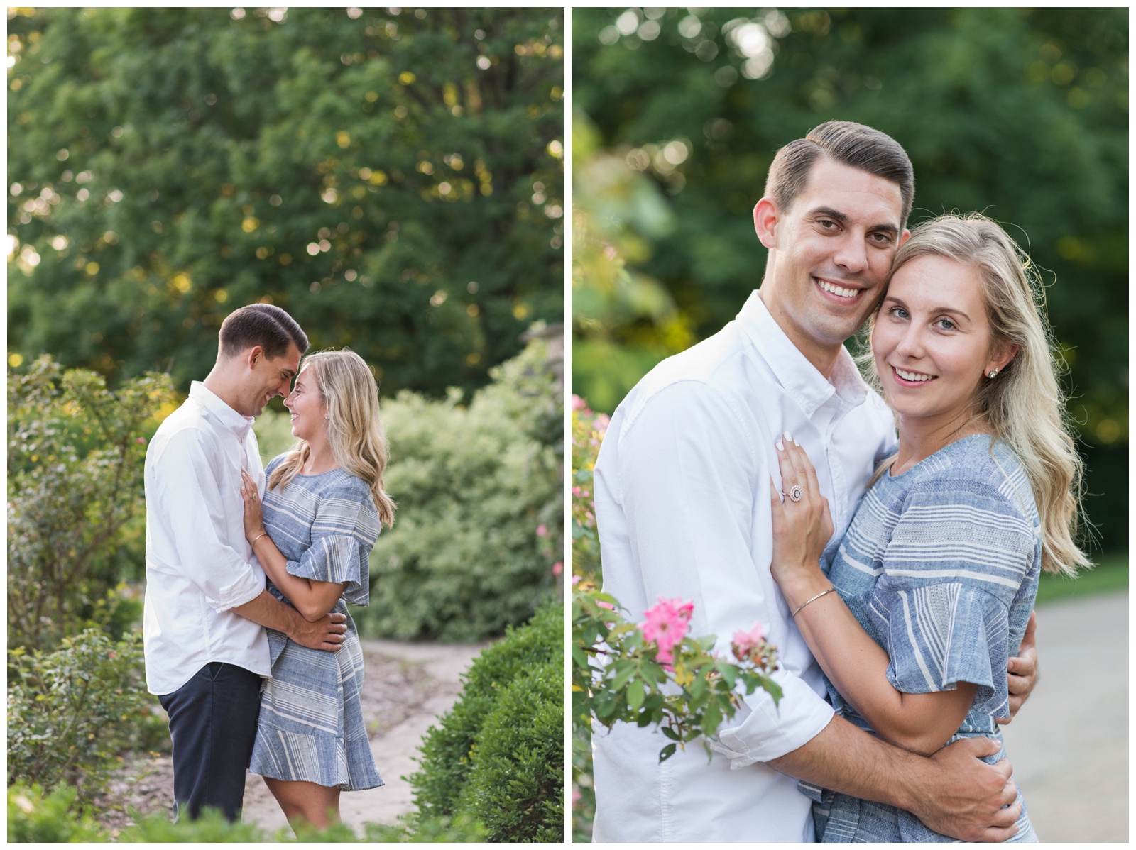 bride and groom embrace in Park of Roses gardens for engagement session