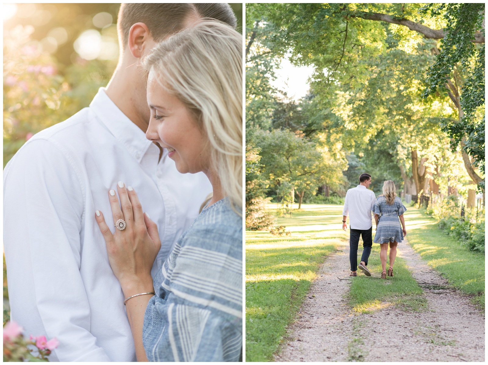 couple walks in Parks of Roses during summer engagement session