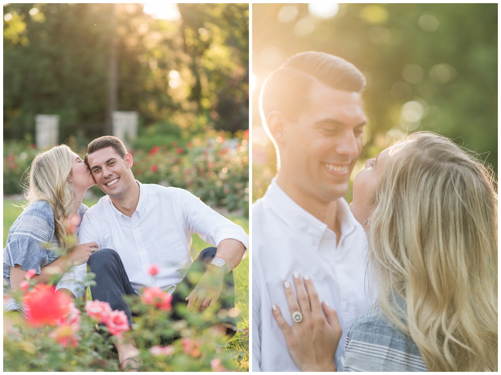 sunset engagement session with bride and groom at Park of Roses