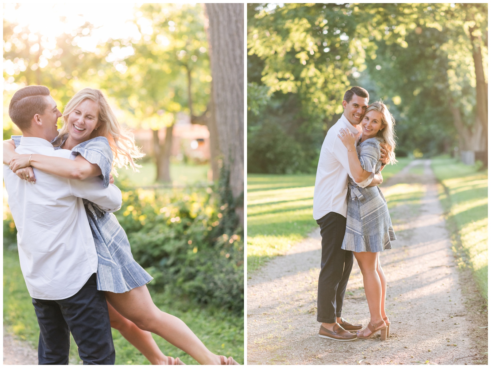 groom twirls bride around during summer engagement portraits outside