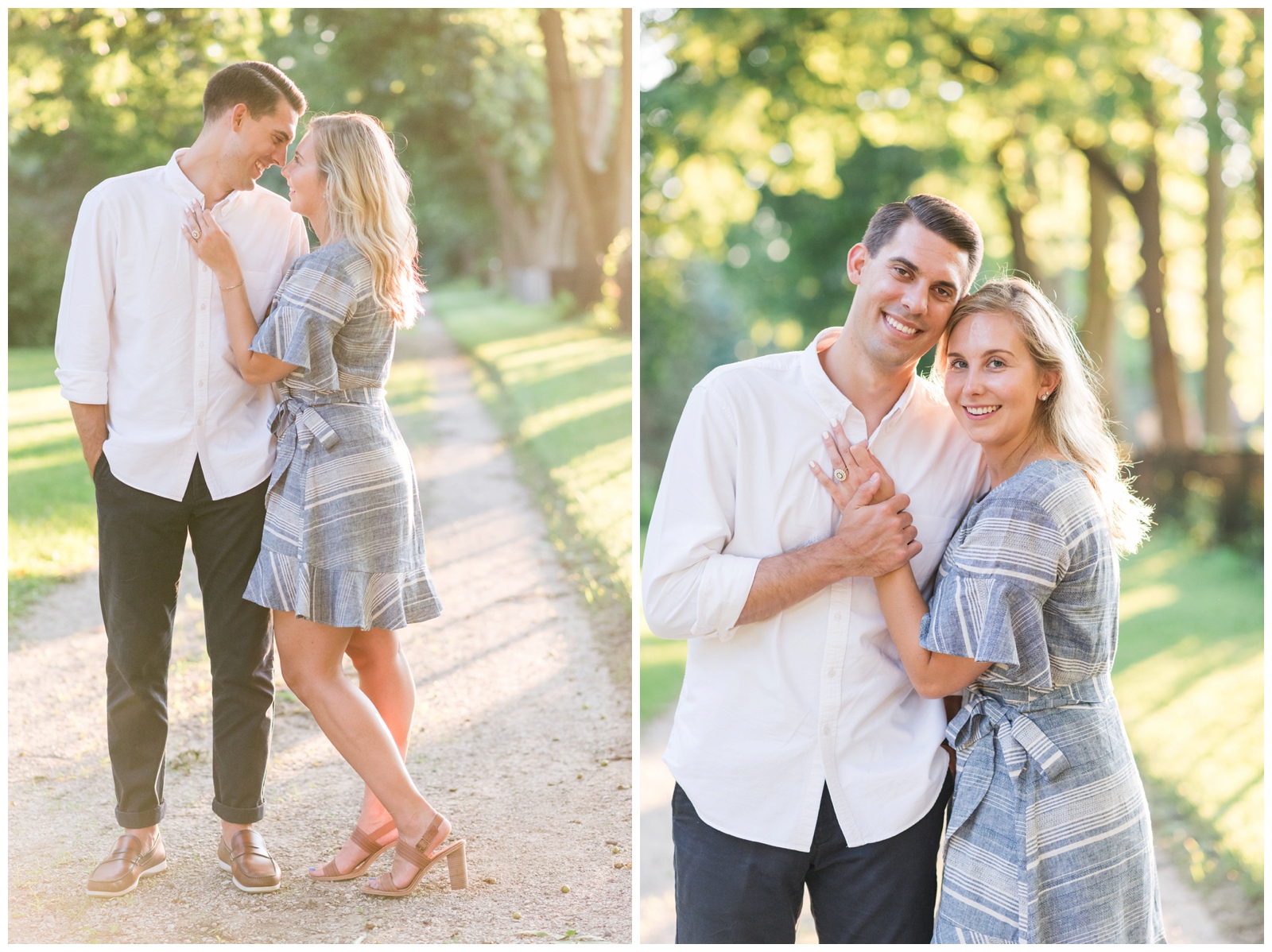bride in blue dress and groom in white shirt pose during Columbus OH engagement session