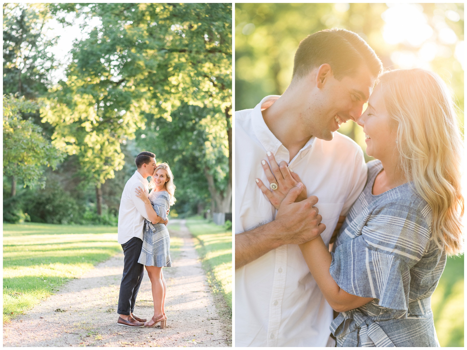 groom hugs fiancee on path at Park of Roses during sunset engagement session