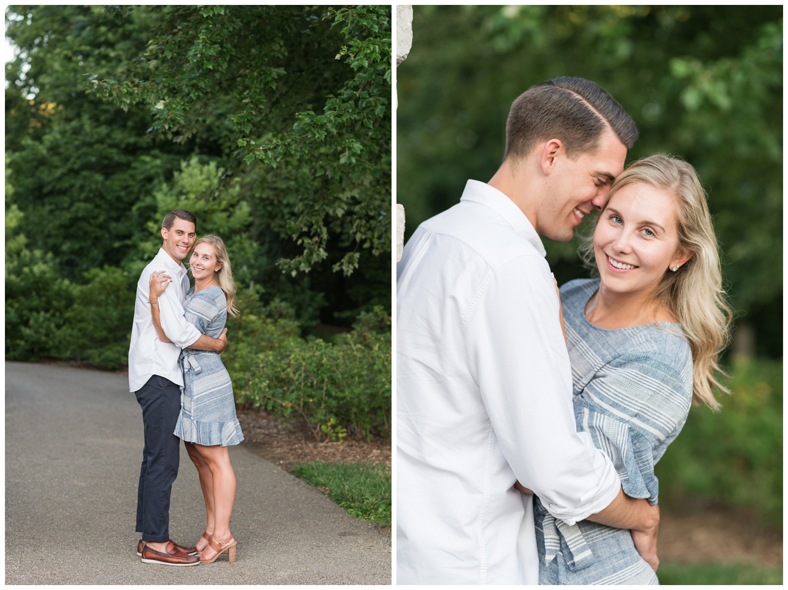 bride and groom hug on pathway during Park of Roses Summer engagement session 