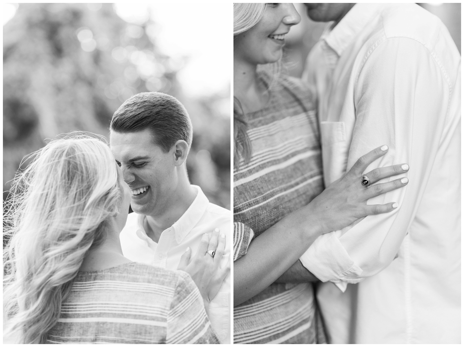 black and white portraits of bride and groom laughing during Park of Roses engagement session