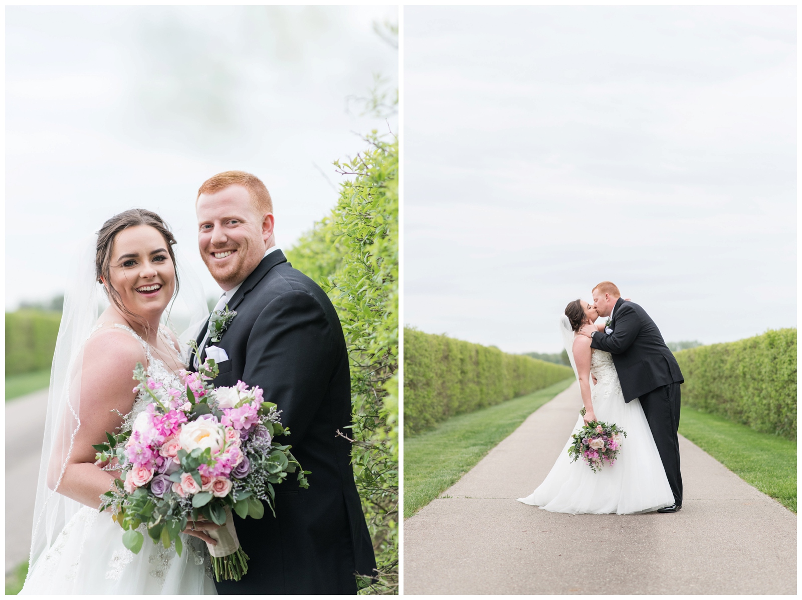 bride and groom kiss during portraits on the road at Pretty Prairie Farms