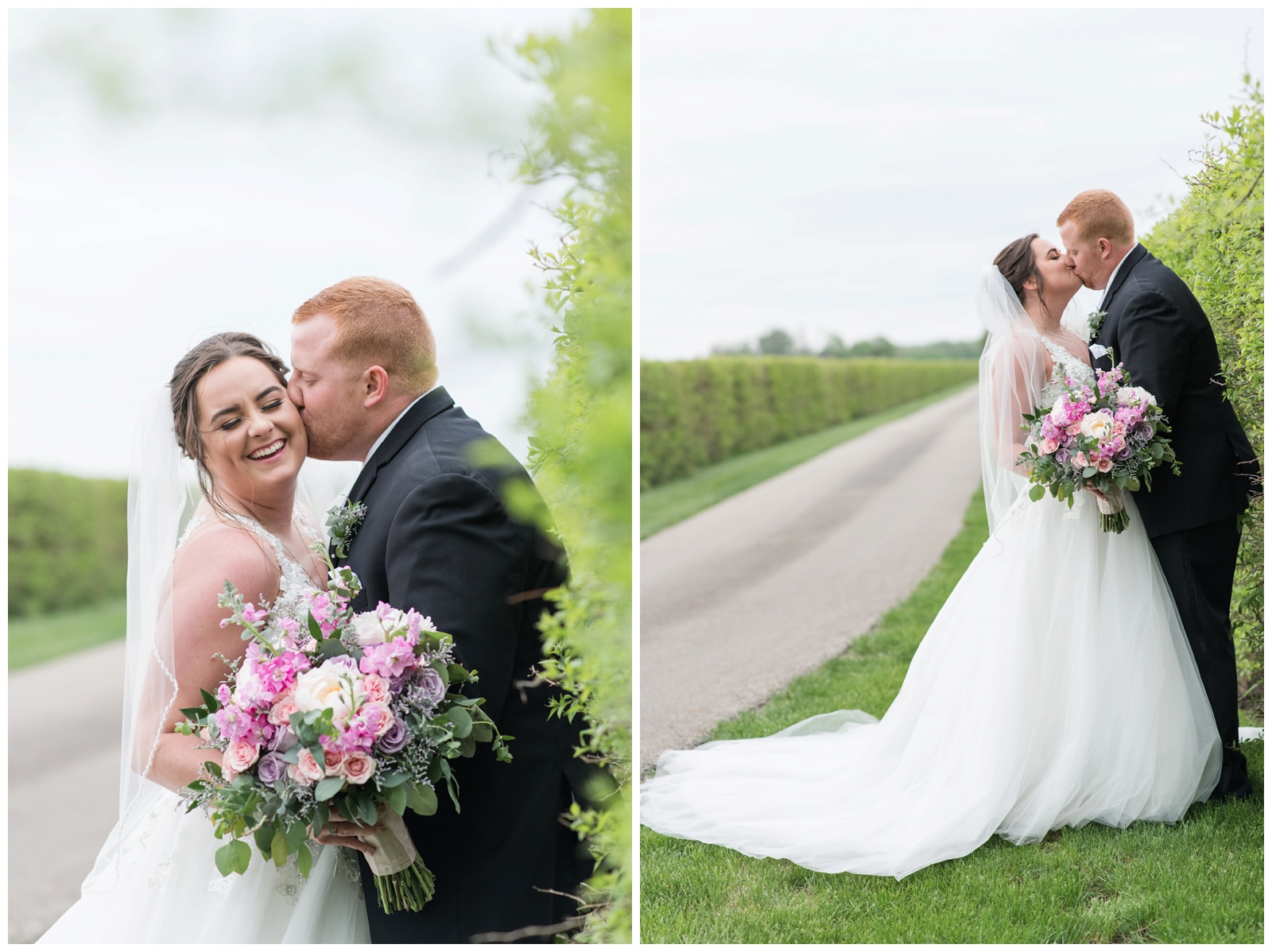 bride and groom kiss during portraits along road at Pretty Prairie Farms