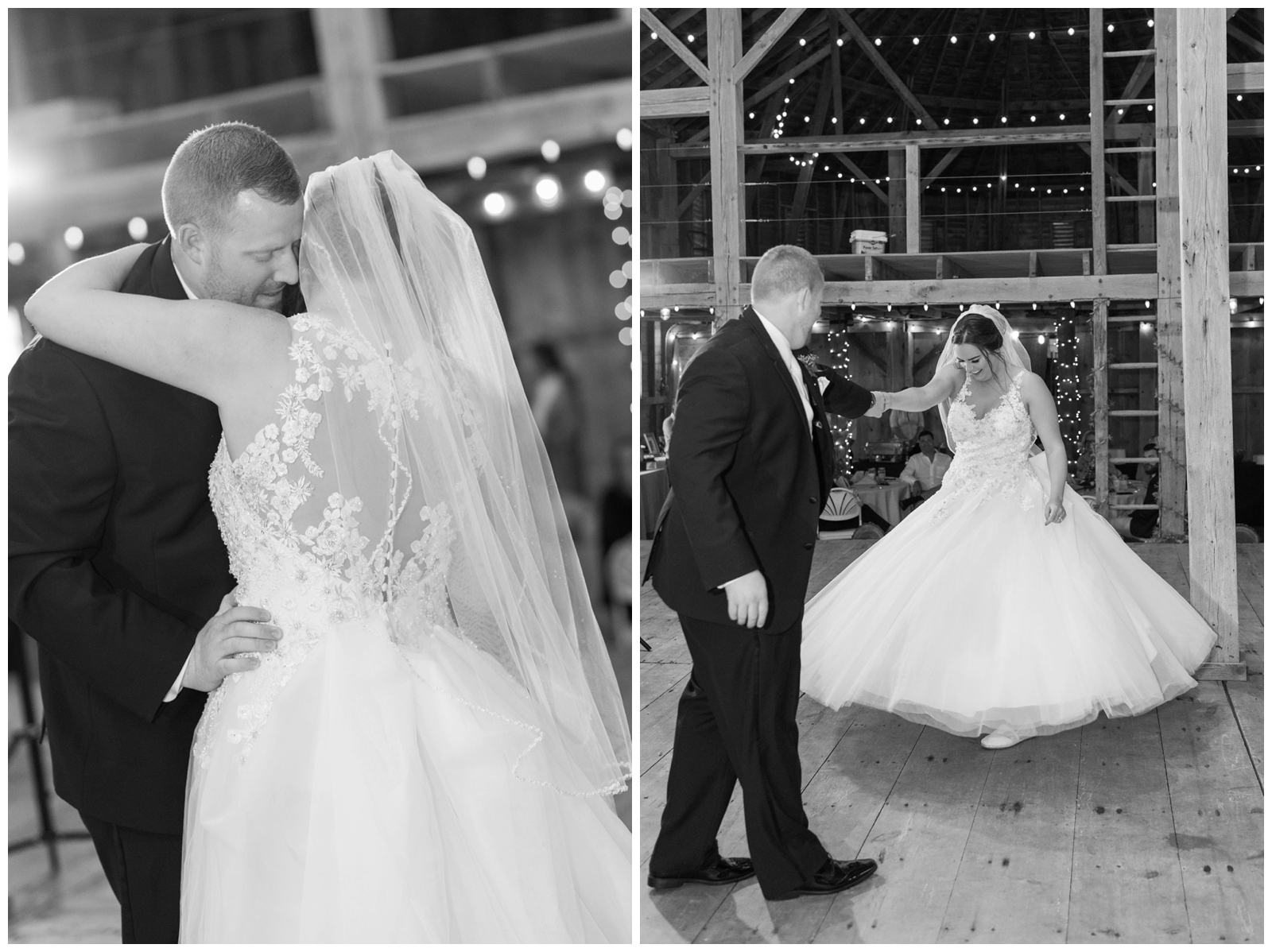 Bride and groom have first dance during barn reception at Pretty Prairie Farms in Urbana OH