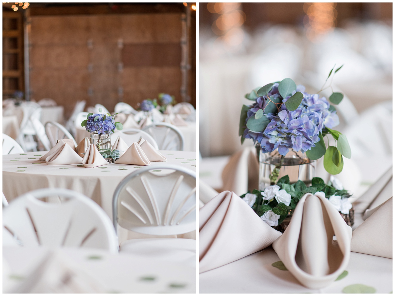 simple blue floral centerpieces for barn reception at Pretty Prairie Farms