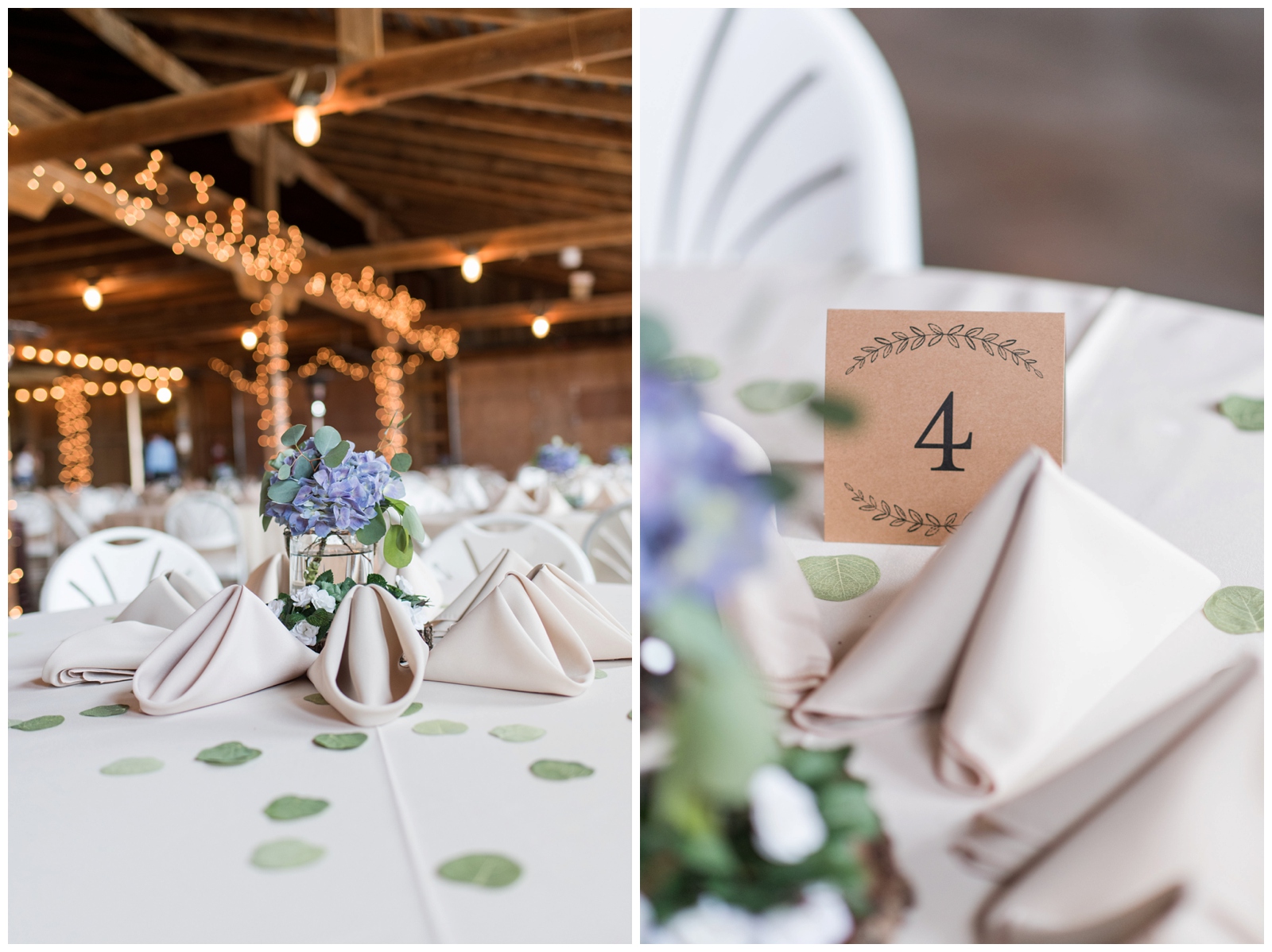 rustic wedding centerpieces with table numbers in barn reception at Pretty Prairie Farms