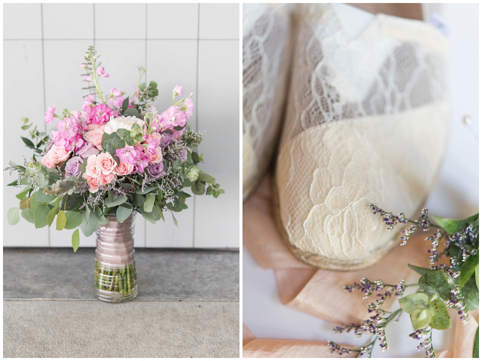 pink wedding bouquet with peonies, roses, and lace bridal TOMS for bride 
