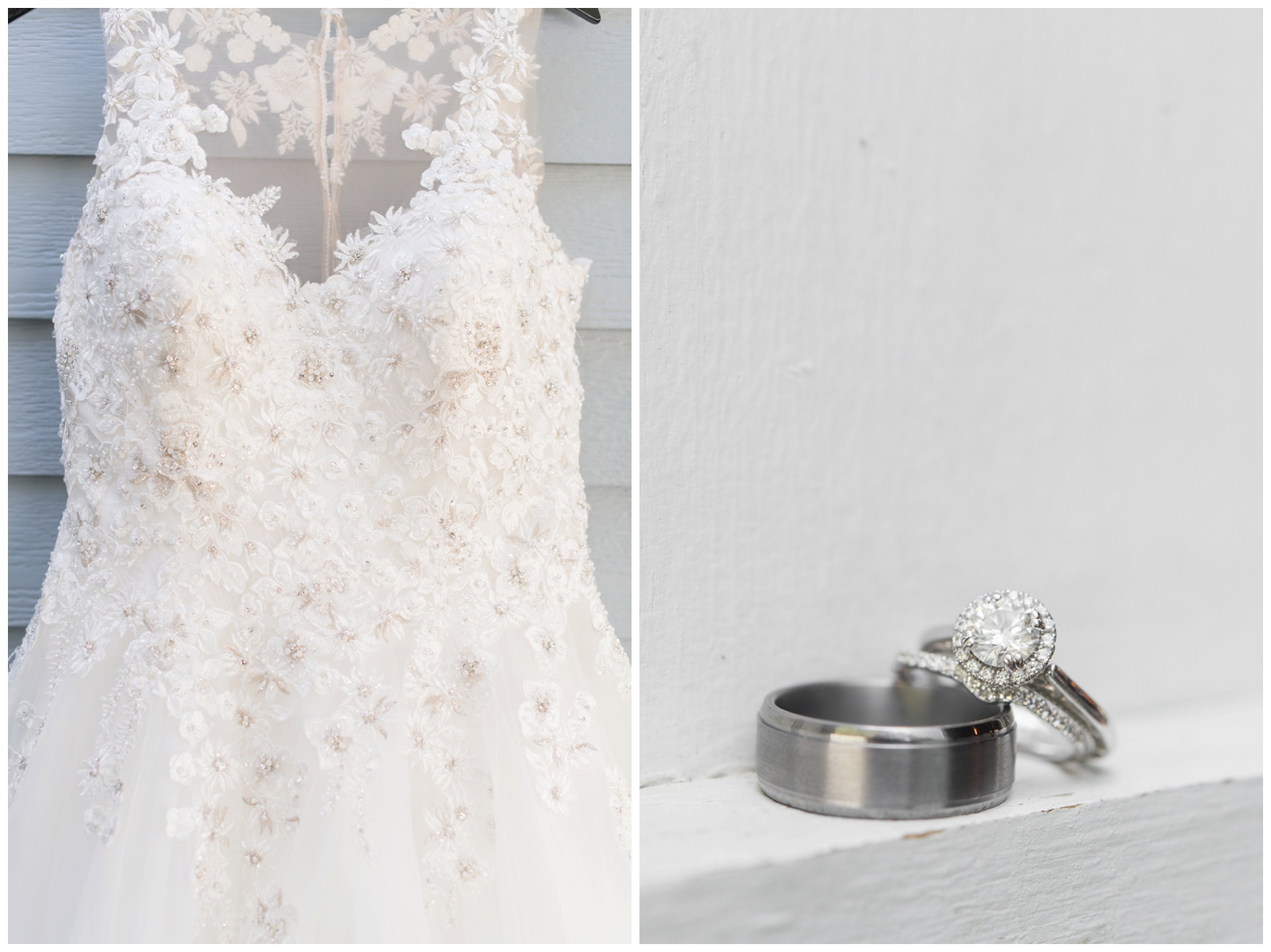close up of lace details on wedding gown and wedding rings 