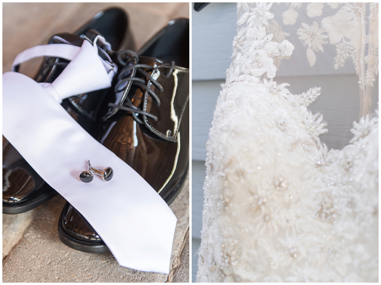 groom's tie and cufflinks and lace wedding gown details for farm wedding