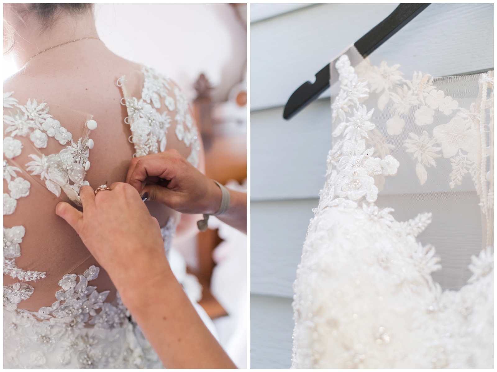 brides puts on Madison James Designer lace wedding gown for spring Urbana OH wedding 