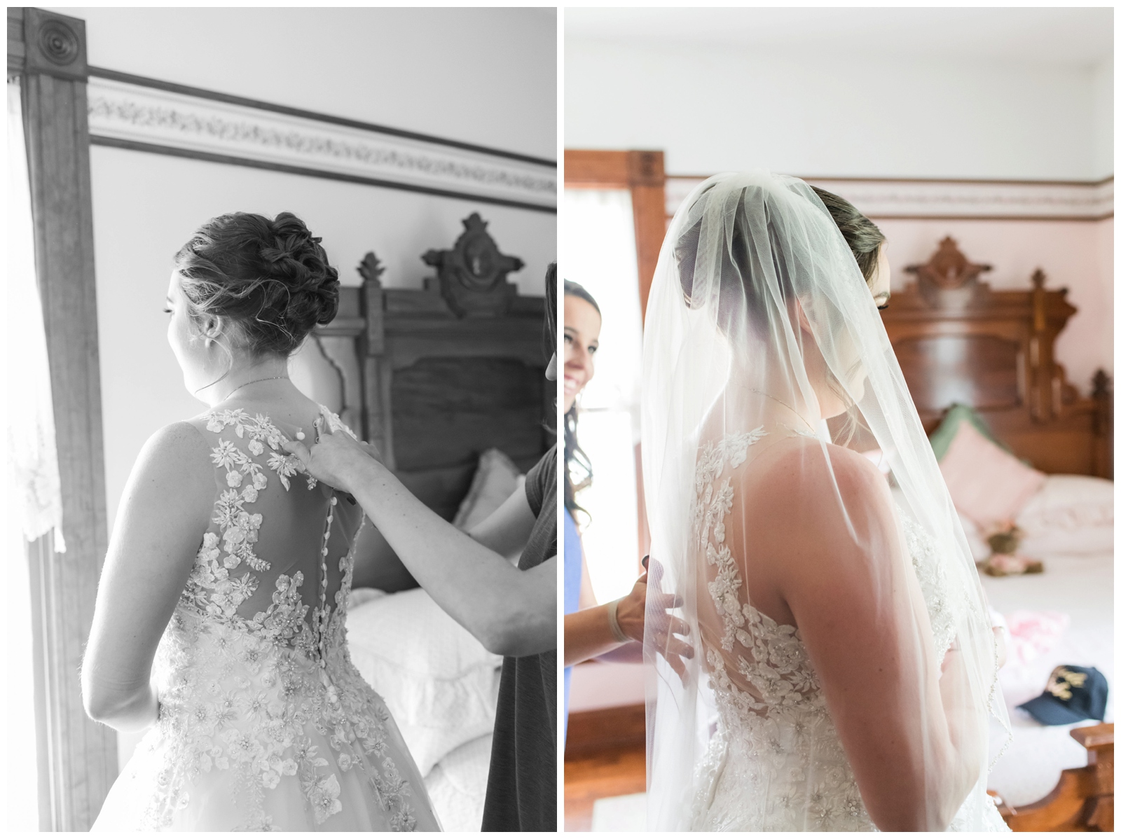 bride gets into Madison James Designer wedding dress with bridesmaids helping her