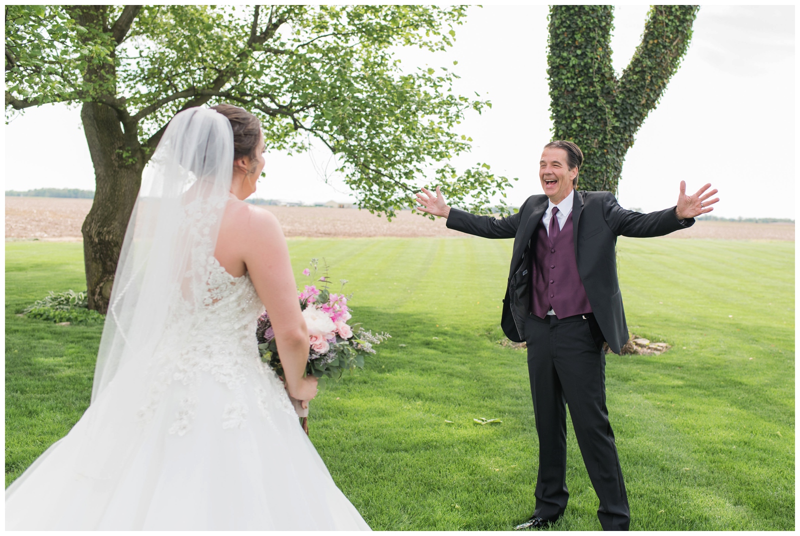 father sees bride for the first time during first look at Pretty Prairie Farms with open arms