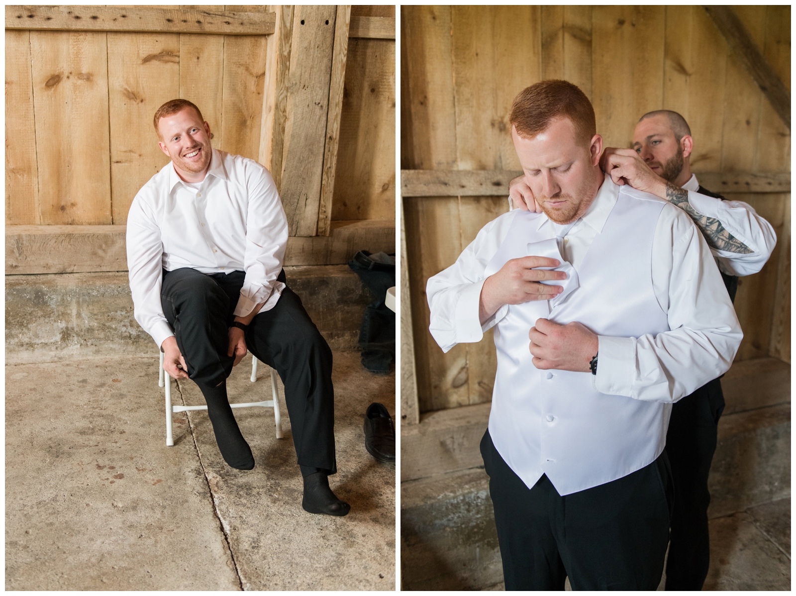 groom puts on socks and tie with groomsmen in barn at Pretty Prairie Farms for wedding