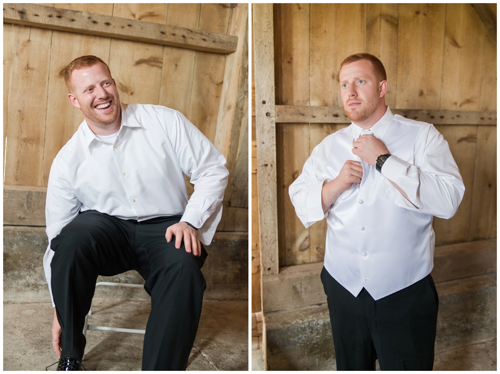 groom puts on shoes and adjusts tie in barn at Pretty Prairie Farms
