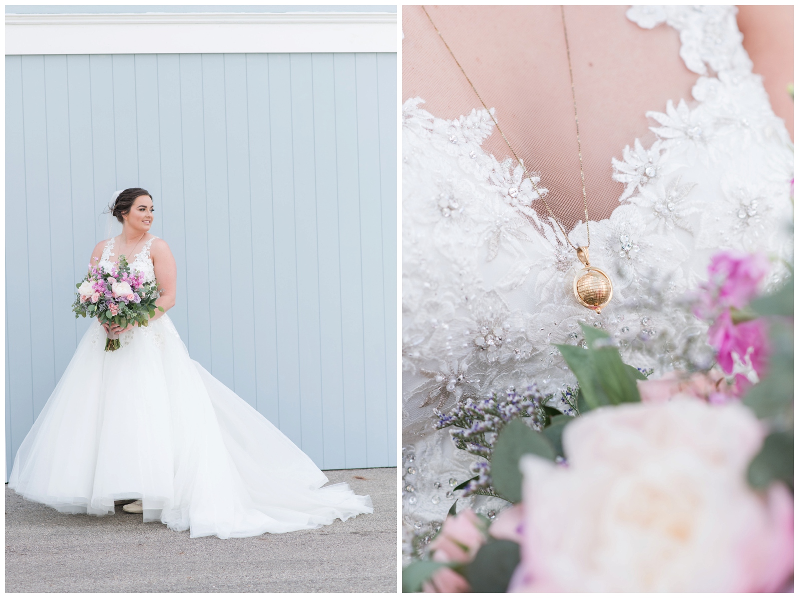 bridal portraits in lace gown with spring bouquet along blue wall at Pretty Prairie Farms 
