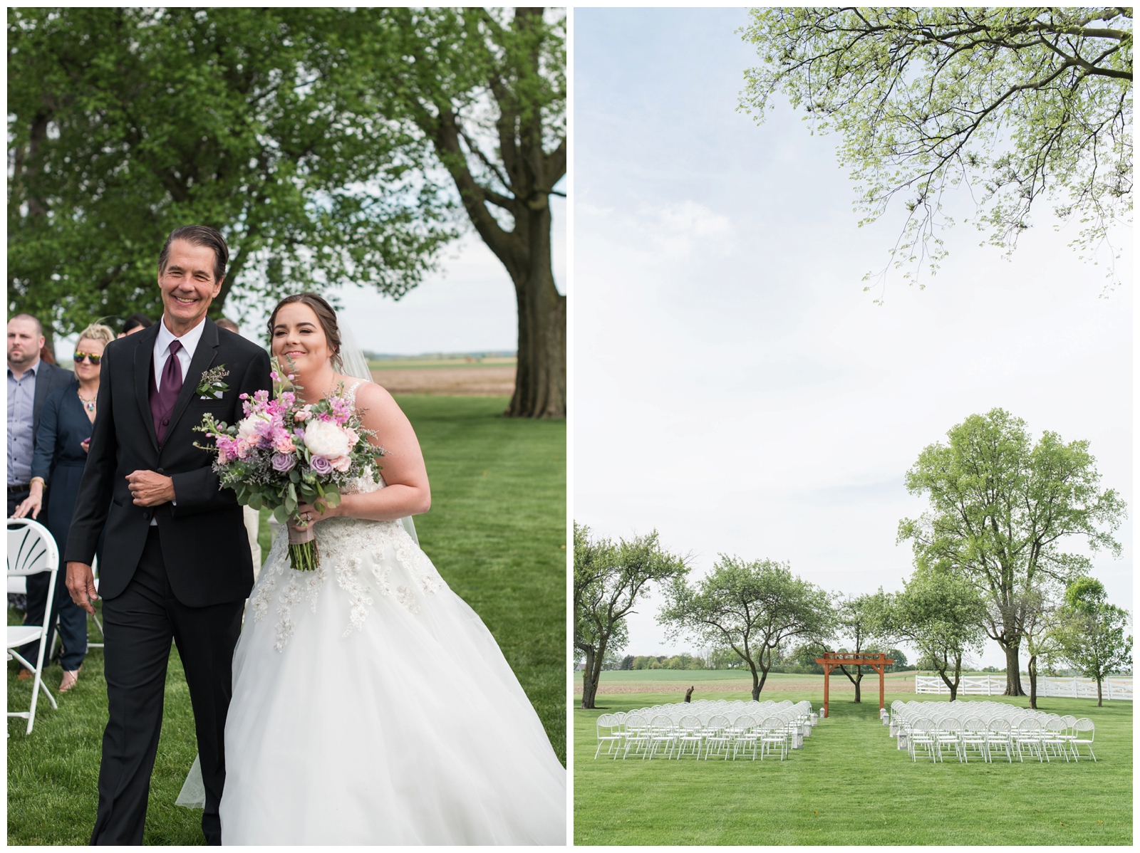 bride and father walk down aisle during outdoor wedding ceremony at Pretty Prairie Farms