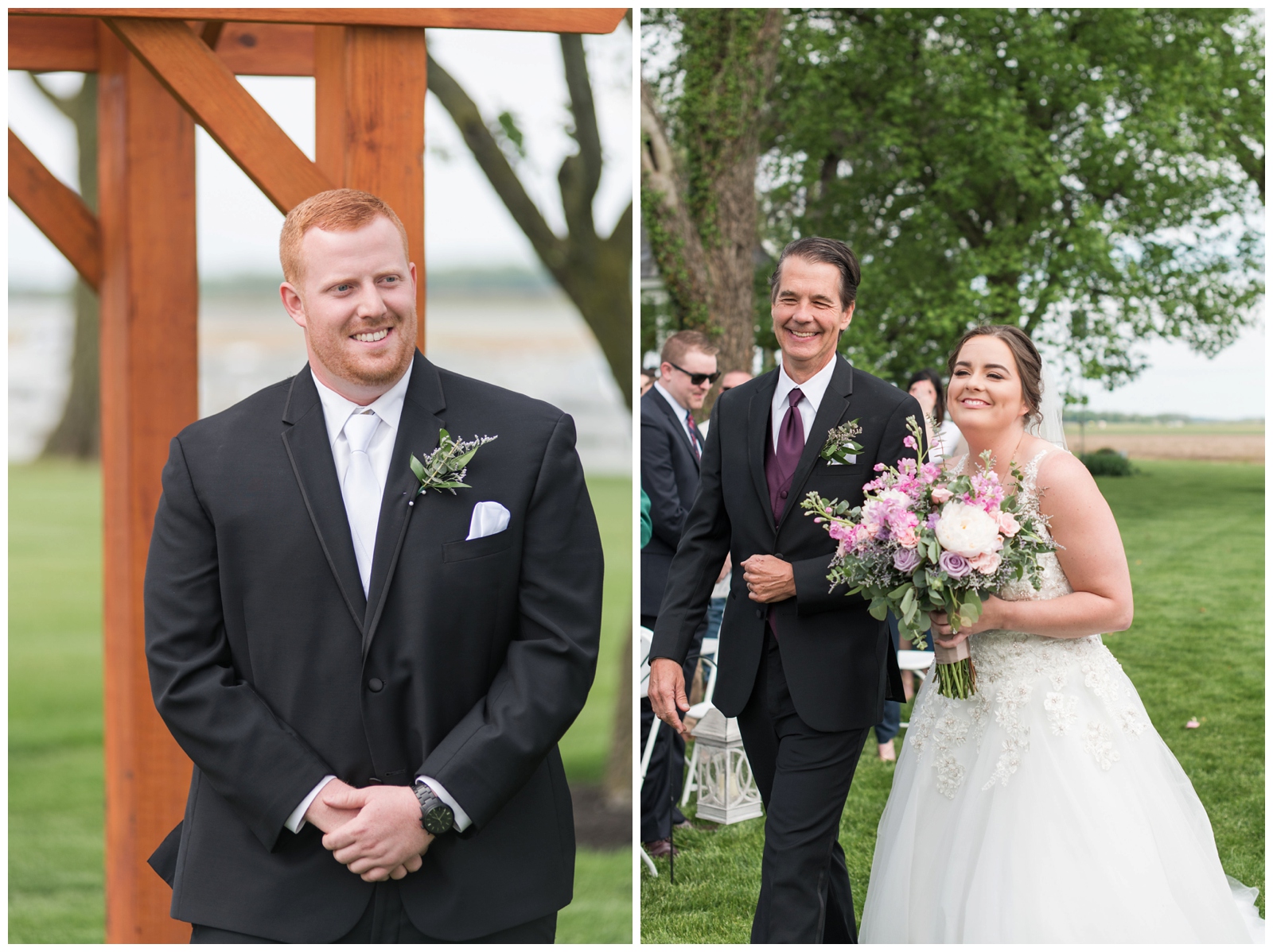groom watches bride walk down aisle with dad during outdoor wedding ceremony at Pretty Prairie Farms