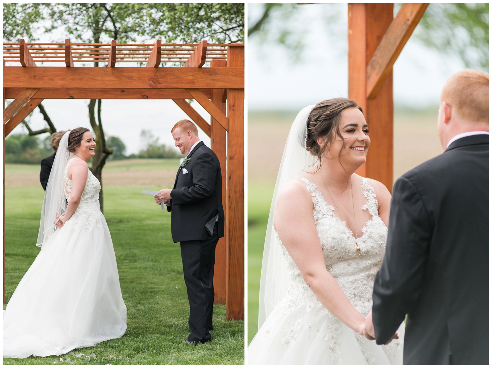 married couple exchanges vows under wooden arbor on Pretty Prairie Farms