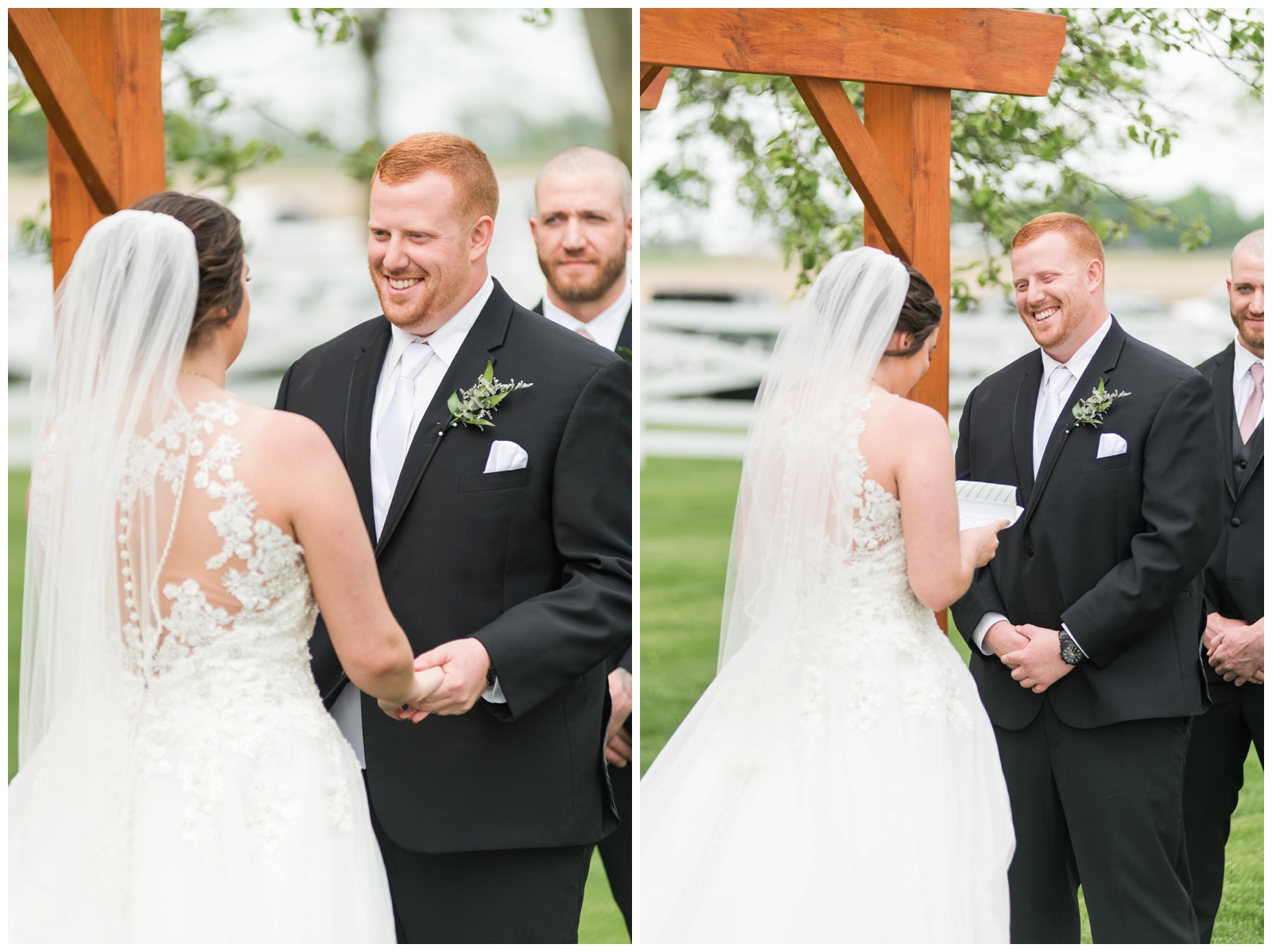groom laughs during vow exchange at Pretty Prairie Farms