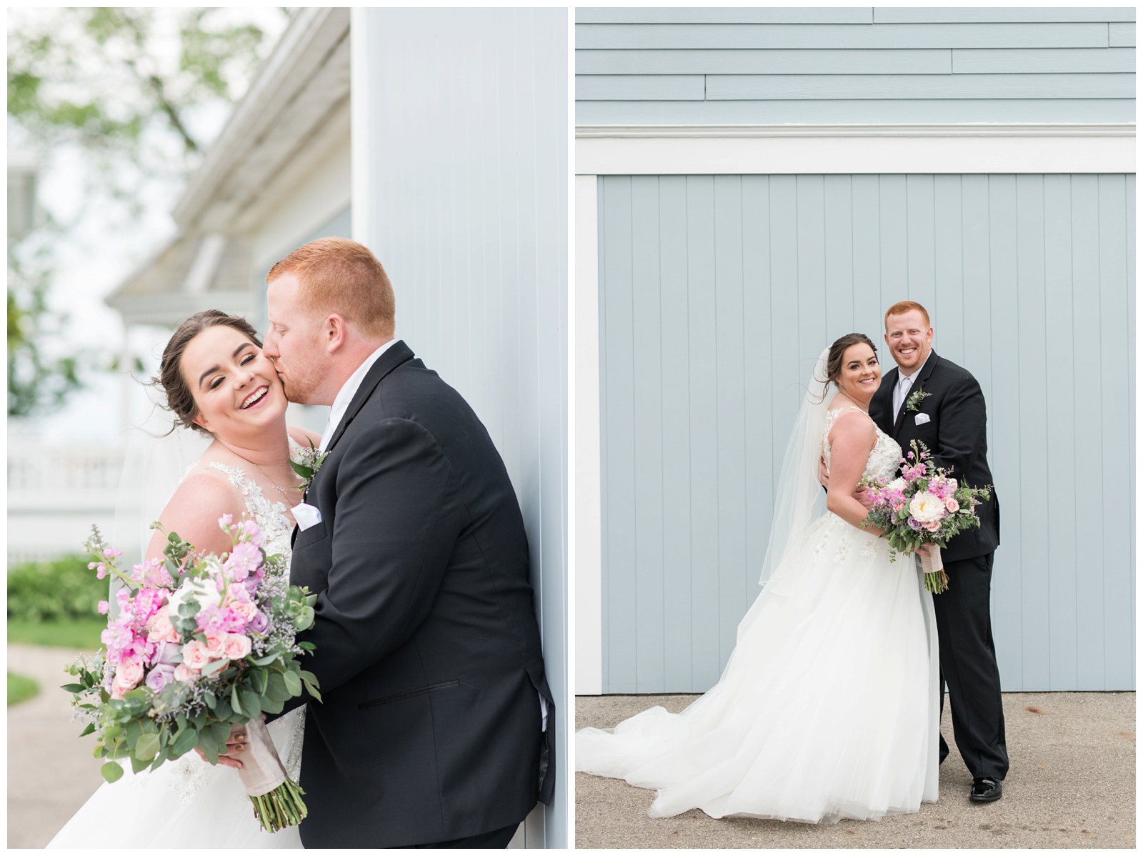 married couple embrace beside pale blue wall at Pretty Prairie Farms