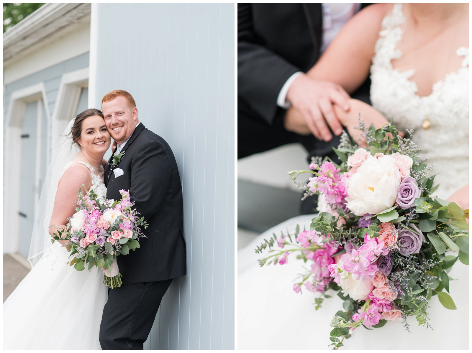 bride in lace gown holds pink, purple, and white bouquet of flowers during portraits at Pretty Prairie Farms