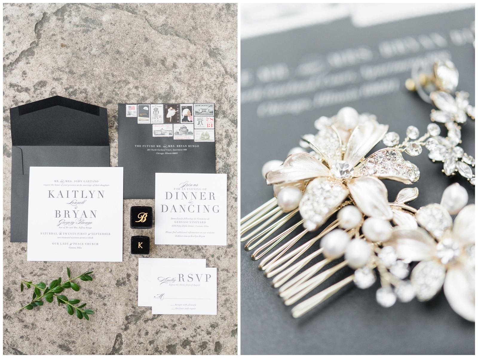 black and white invitation suite with white and gold hair clip for bride